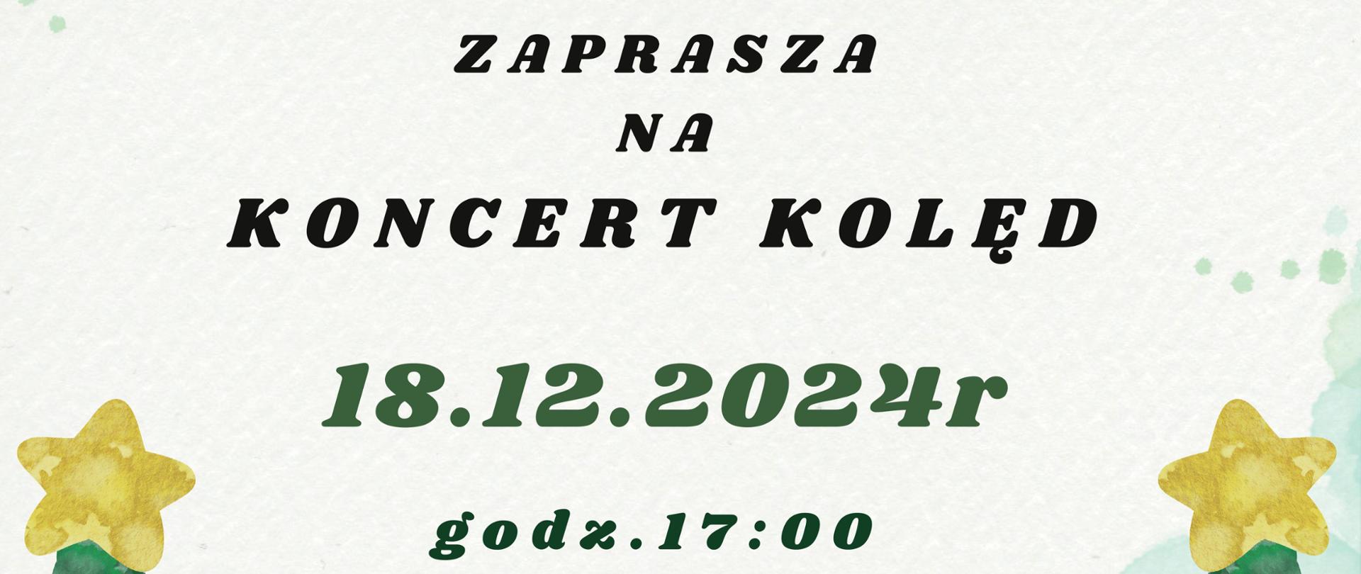 Plakat wykonany na jasnym kremowym tle. W górnej części plakatu widoczne są ozdoby świąteczne typu bańki, dzwoneczki itp. W górnej części plakatu widoczny logotyp szkoły. W dolnej części plakatu po bokach znajdują się świąteczne choinki i prezenty.