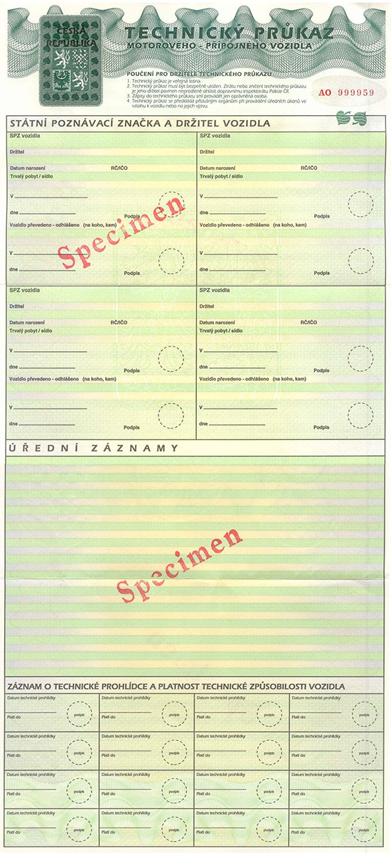 Wzr czeskiego dowodu rejestracyjnego - karty technicznej pojazdu- awers