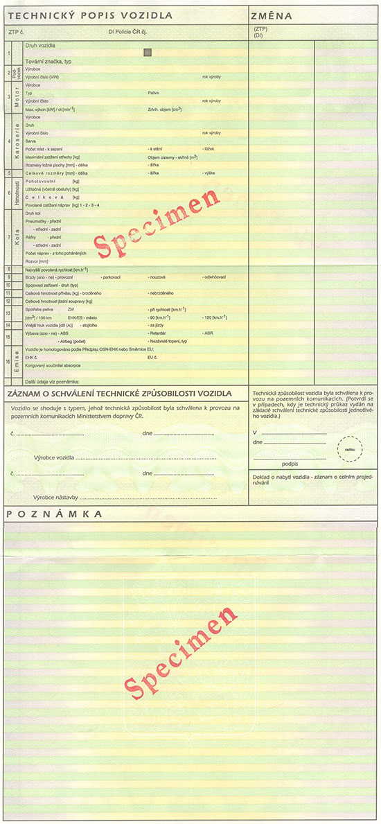 Wzr czeskiego dowodu rejestracyjnego - karty technicznej pojazdu- rewers