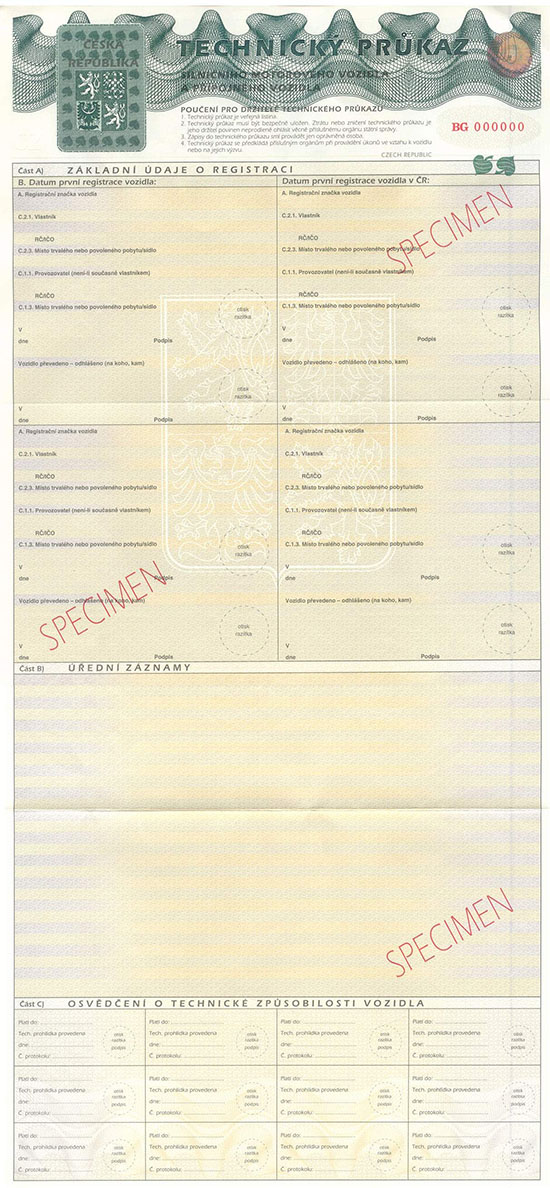 Wzr czeskiego dowodu rejestracyjnego - karty technicznej pojazdu- awers