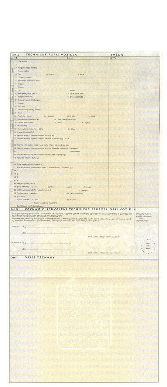 Wzr czeskiego dowodu rejestracyjnego - karty technicznej pojazdu- rewers