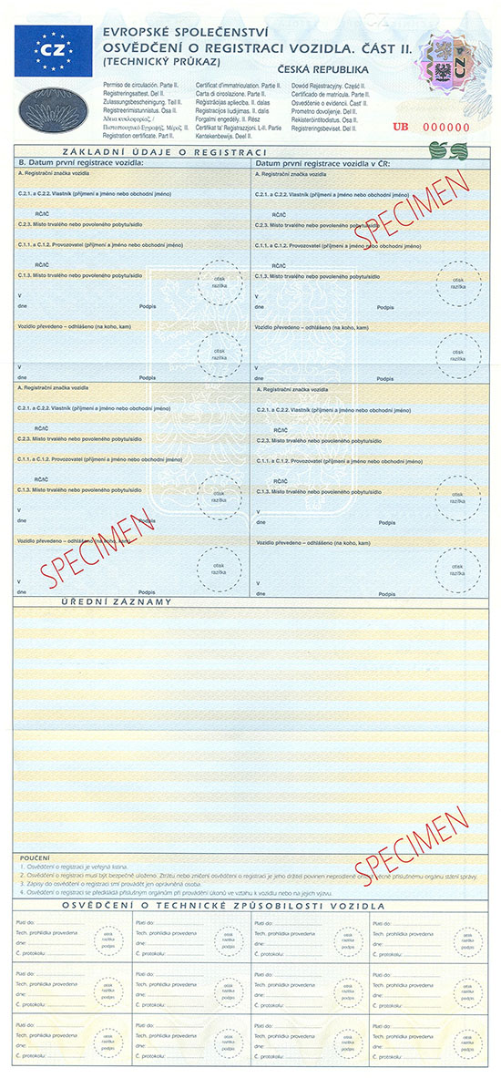 Wzr nowego czeskiego dowodu rejestracyjnego - cz II (karta techniczna pojazdu)- awers